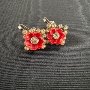 Red and Gold toned Floral Earrings with Sparkling Center screw back